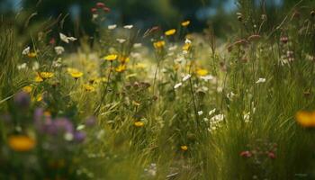 Fresh daisy petals in vibrant meadow landscape generated by AI photo