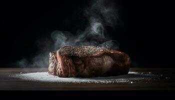 A la parrilla Cerdo bife, ahumado a perfección terminado fuego generado por ai foto