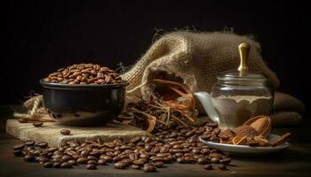 Freshly ground coffee beans in rustic burlap sack generated by AI photo