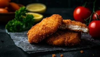 rústico plato de hecho en casa frito albóndigas y ensalada generado por ai foto