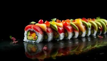 Healthy eating Fresh seafood, rolled up maki sushi generated by AI photo