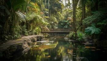 Tranquil scene Reflection of palm trees in pond generated by AI photo