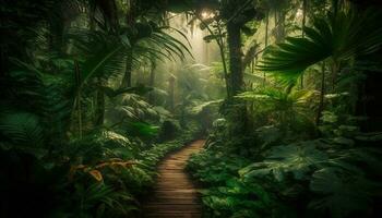 Tranquil scene Wet footpath winds through forest generated by AI photo