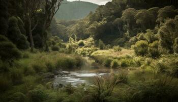 Tranquil scene foggy mountain range reflects beauty generated by AI photo