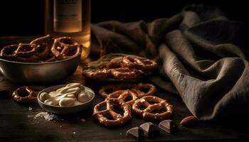 rústico alemán bocadillo mesa chocolate pretzels, Cerdo montón generado por ai foto