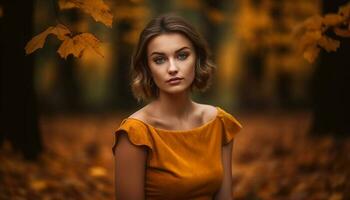 Autumn beauty in nature young woman smiling generated by AI photo