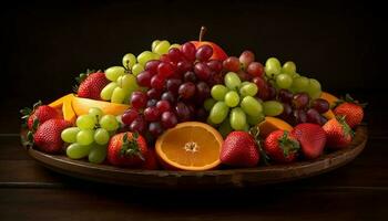 Fresh fruit bowl grape, strawberry, orange, apple generated by AI photo