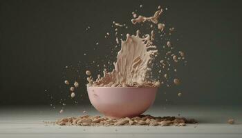 Organic flour spills, splashing milk, gourmet dessert levitates generated by AI photo