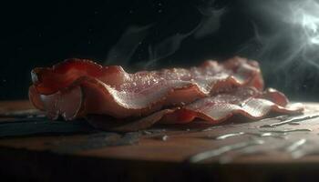 Smoked prosciutto on rustic bread, a gourmet appetizer generated by AI photo