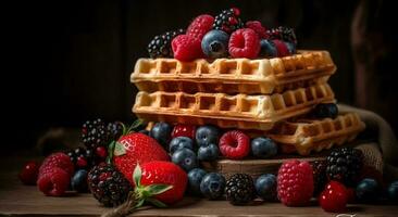 A stack of homemade waffles with raspberry cream generated by AI photo