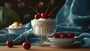 Fresh organic berries and cream, a gourmet delight generated by AI photo