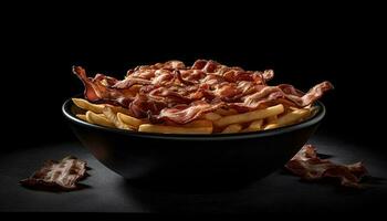 A rustic plate of prosciutto and bacon generated by AI photo