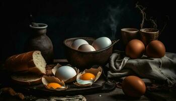 rústico granja mesa, hecho en casa pan, Fresco huevos generado por ai foto