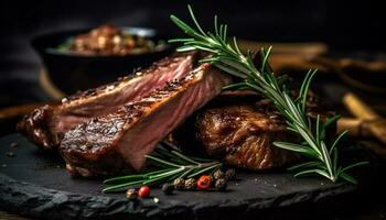 jugoso mesón bife, A la parrilla a perfección, Listo a comer generado por ai foto