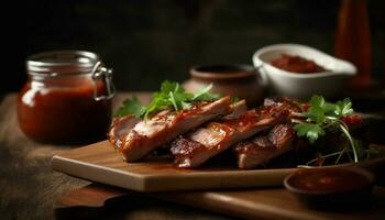 Grilled pork steak with fresh vegetable salad generated by AI photo