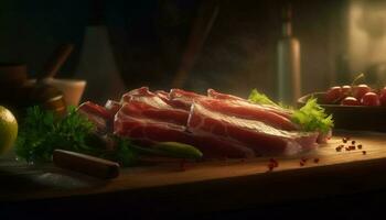 A gourmet prosciutto appetizer on rustic wooden table generated by AI photo