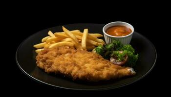 Grilled steak and fries, a French gourmet lunch generated by AI photo