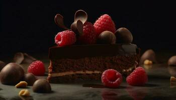 Sweet indulgence on wood plate with berries generated by AI photo