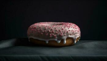 Freshly baked donut with chocolate icing decoration generated by AI photo
