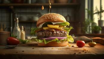 Grilled cheeseburger on rustic table with fries generated by AI photo