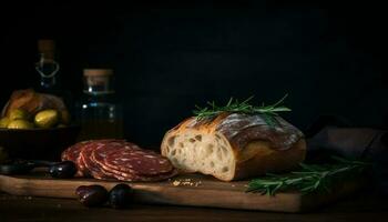 rústico ciabatta plato con ahumado salami rebanada generado por ai foto