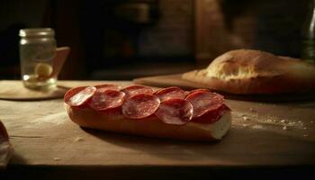 Rustic pork sandwich on wooden table, ready to eat generated by AI photo