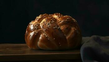 Freshly baked bread on rustic wooden table generated by AI photo