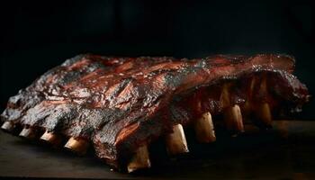 A la parrilla carne en rústico corte tablero Listo a comer generado por ai foto