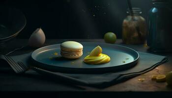 A gourmet dessert on a wooden plate generated by AI photo