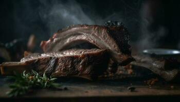 Grilled pork steak on rustic plate, ready to eat generated by AI photo