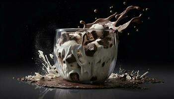 Splashing chocolate milkshake, sweet dessert for gourmet generated by AI photo