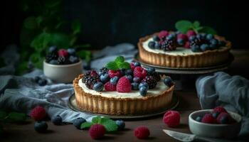 Fresh berry dessert on rustic wood table generated by AI photo