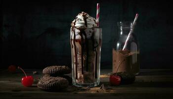 Sweet milkshake in rustic glass on wood table generated by AI photo