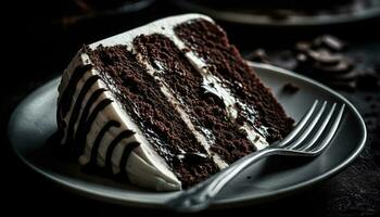 Layered chocolate cake slice with creamy frosting generated by AI photo