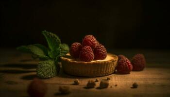 Fresco frambuesa tarta en rústico de madera mesa generado por ai foto