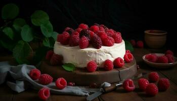 A homemade raspberry cheesecake, a sweet indulgence generated by AI photo