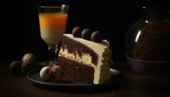 Indulgent dessert plate with chocolate cheesecake slice generated by AI photo