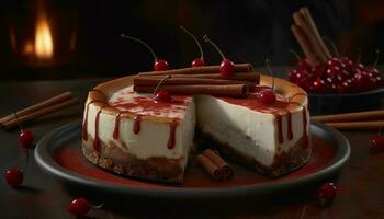 Whipped cream and berries adorn sweet cheesecake generated by AI photo