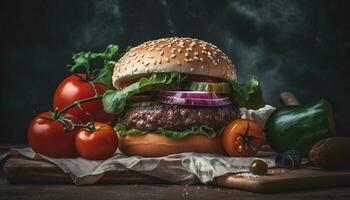A la parrilla gastrónomo hamburguesa con queso en ciabatta, con Fresco vegetales generado por ai foto