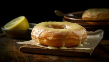 Sweet homemade donut on rustic wooden table generated by AI photo