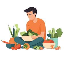 man holding a salad with fresh vegetables over white vector