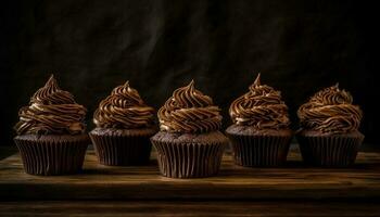 Cute cupcakes with dark chocolate icing, ready to eat indulgence generated by AI photo