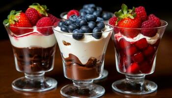Berry parfait with fresh fruit and whipped cream generated by AI photo