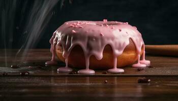 Indulgent homemade chocolate cake with strawberry icing generated by AI photo