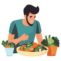 sano hombre sonrisas mientras Cocinando orgánico cocina terminado blanco vector