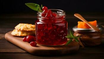 Rustic homemade preserves sweet berry marmalade in jar generated by AI photo