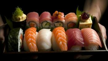 Fresh seafood plate sashimi, nigiri, maki sushi generated by AI photo