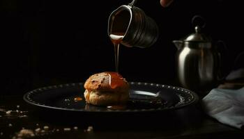 Indulgent homemade dessert chocolate bread with honey cream generated by AI photo