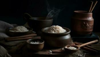 Organic rice bowl a healthy, rustic meal generated by AI photo