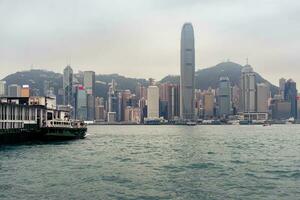 Hong Kong,March 25,2019-View of the Hong Kong skyscrapers from the ferrie crossing the Victoria Harbour during a cloudy day photo